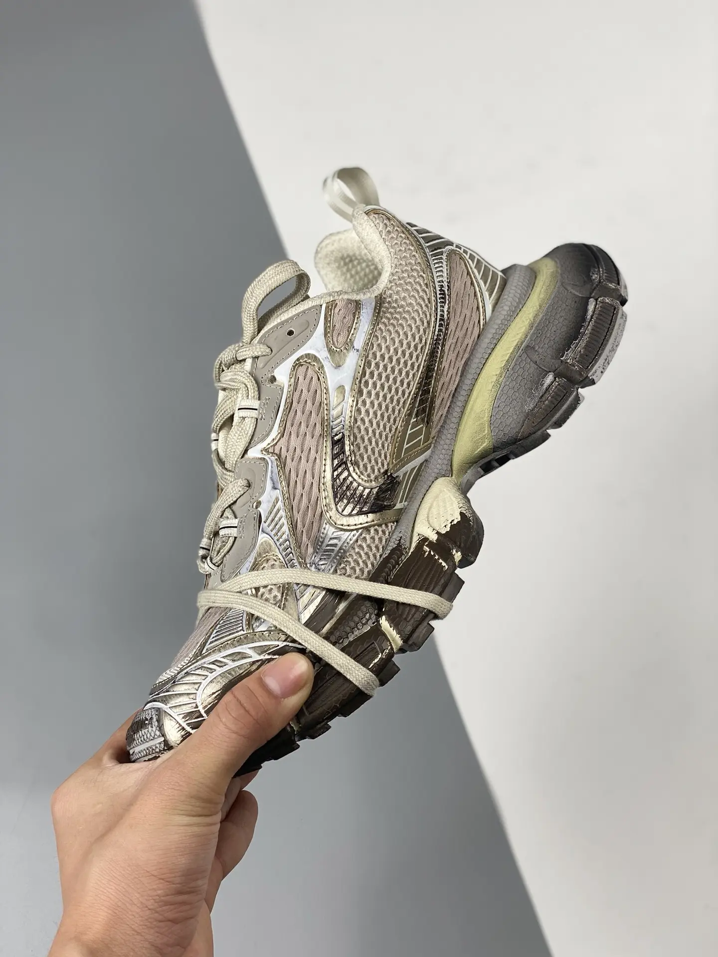 YASSW | Balenciaga Distressed-mesh Beige/Silver Runner Sneakers Review